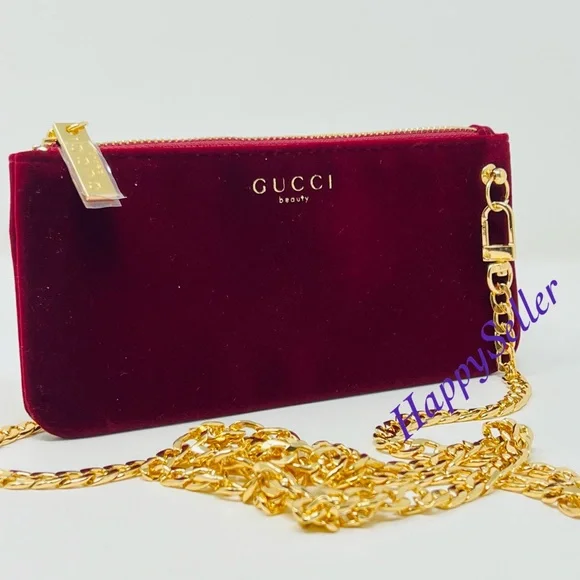 Gucci Crossbody Pouch Gold Chain Purse Velvet Burgundy Mini